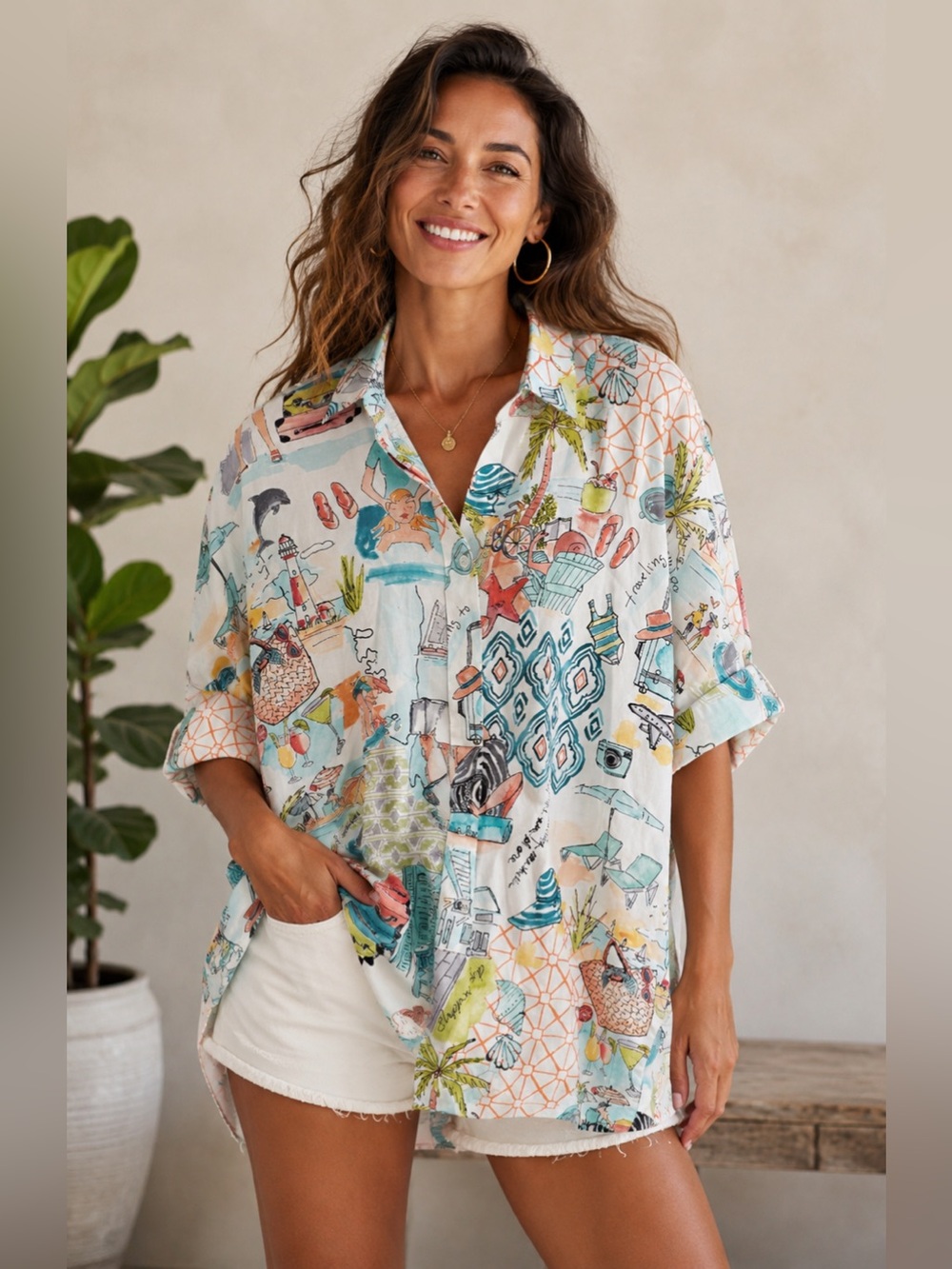 Chico’s No Iron Button Down Shirt Size 4 US 20 Multicolor Resort Vacation Blouse
